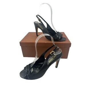 Jon Josef Womens Black Leather Peep Toe Bow Detail Sling Back Shoes Sz 6